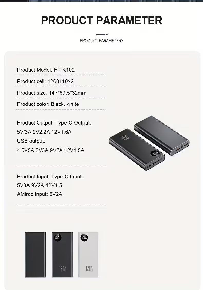 18,000mah 20W USB-C, 120W USB-A x2 Intelligent Power Bank Portable Battery
